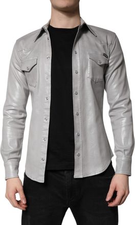 Dolce & Gabbana Mens Metallic Gray Cotton Button Down Shirt Elastane