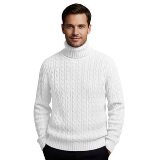 Janisramone Mens High Polo Roll Neck Jumper Long Sleeve Cable Knitted Casual Winter Sweater Pullover White