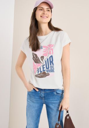 Cecil T-Shirt CECIL, Damen, Gr. XXL (46), vanillewei&szlig;, Jersey, Obermaterial: 48% Baumwolle, 48% Modal, 4% Elasthan, bedruckt, normal h&uuml;ftbedeckend, Rundhals