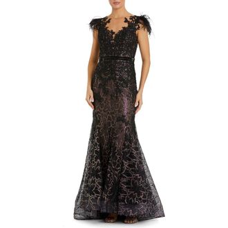 Mac Duggal Embellished Feather Cap Sleeve Illusion Neck Trumpet Gown in Black at Nordstrom, Size 10