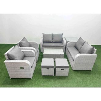 Fimous 8 Seater Outdoor Reclining Chair Love Sofa Set Rattan Garden Furniture Set with Rectangular Coffee Table 2 Stools Side Table Light Grey - Fimous
