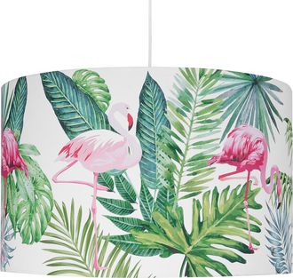 Beliani L&aacute;mpara Colgante Con Forma De Tambor De Tela Blanca Con Hojas Y Flamencos Estampado Estilo Moderno Flamingo