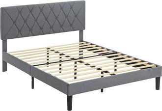HOMCOM Bed Frame with 5-Level Adjustable Linen Headboard - Double | TJ Hughes Grey