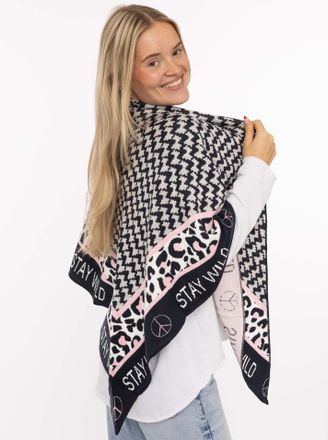 Zwillingsherz Dreieckstuch ZWILLINGSHERZ Stay Wild, Damen, navy, Strick, Materialmix, gemustert, mehrfarbig, Modet&uuml;cher Dreieckstuch, Schriftzug und Leomuster, w&auml;rm