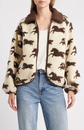 The Great. The Pasture Horse Print Fleece Jacket in Cream W/Hickory at Nordstrom Rack, Size 3 (Fits Like 12-14 Us)