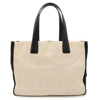 Chanel Beige Black Nylon Jacquard Leather Shoulder Bag Tote Bag (Pre-Owned)