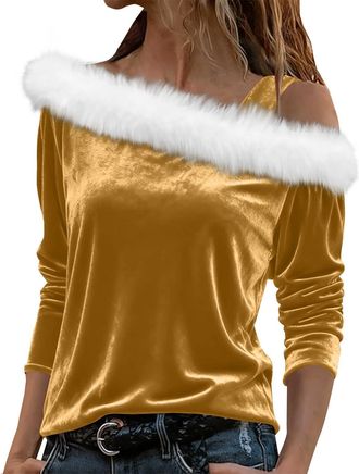 Generic WomenS Christmas Sweater, Womens Christmas Off Shoulder Tops Velvet Slim Fit Long Sleeve Cold Shoulders T Shirts Ladies Fur Trim Pullover Jumpers Eleg