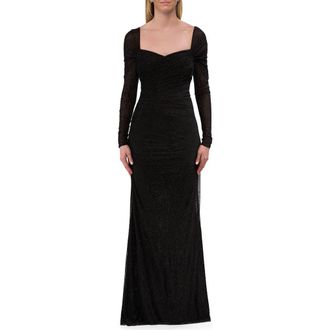 La Femme Long Sleeve Rhinestone Jersey Gown with Sweetheart Neckline in Black at Nordstrom, Size 16