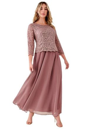 Roaman's Plus Size Sequin Lace Three Quarter Sleeve A-Line Gown in Deep Taupe at Nordstrom, Size 44