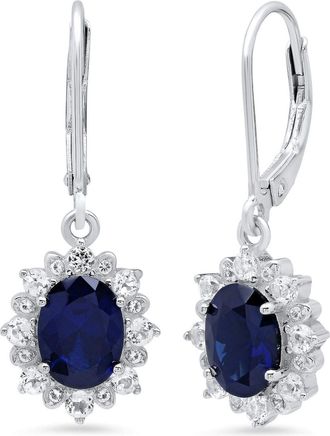 MAX + STONE Sterling Silver Halo Sunburst Oval Gemstone Leverback Earrings with White Topaz Accent