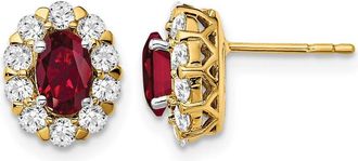 Diamond2Deal 14k Yellow Gold 3/4 carat Lab Grown Diamond and Oval Created Ruby Halo Stud Earrings