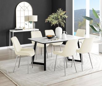 Furniturebox Carson White Marble Effect Dining Table & 6 Pesaro Silver Chairs in Cream