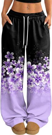 Generic Womens Casual Wide Leg Trousers Baggy Lightweight Stretch Jogging Pants Ladies High Waist Casual Sweatpant with Drawstirng and Pockets Purple S 219