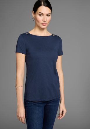 Daniel Hechter Rundhalsshirt HECHTER PARIS, Damen, Gr. 32/34, blau (marine), Single Jersey, Obermaterial: 50% Baumwolle, 50% Modal, unifarben, figurumspielend h&uuml;ftla