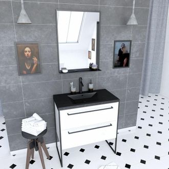 Aurlane Aurlane - Pack Mueble 80x50 Blanco - 2 Cajones Negro - Lavabo Piedra Y Espejo Negro