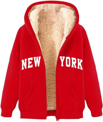 Generic New York Hoodies for Women Vintage Sherpa Lined Sweatshirts Long Sleeve Soft Winter Hoodies with Pockets Loose Autumn Girl Tops(Red, M)