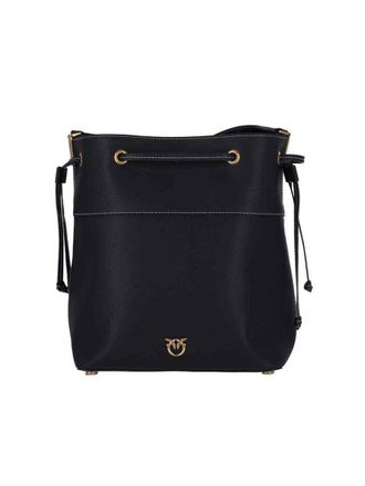Pinko Black Bucket Bag With Metallic Love Birds Logo On The Front In Hammered Leather Woman