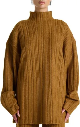Naked Wardrobe Oversize Funnel Neck Sweater in Camel at Nordstrom, Size X-Small