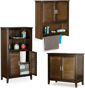 Relaxdays 3-piece LAMELL bathroom furniture set, washbasin cabinet, bathroom cabinet with doors, wall cabinet, bamboo