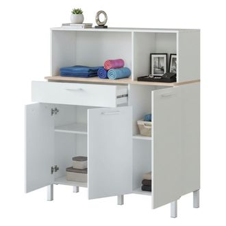 Dmora Armario Multifunci&oacute;n Norfolk, Mueble Auxiliar De Cocina, Aparador Con 3 Puertas Y 1 Caj&oacute;n Con Baldas, Armario Abierto, Cm 108x40h126, Blanco Y Roble, 
