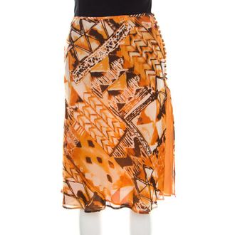Escada Orange Abstract Print Silk Georgette A Line Skirt