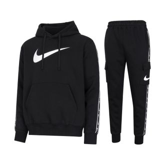 Nike Sportswear Mens Repeat Hooded Fleece Tracksuit Black/White Cotton - Size Large