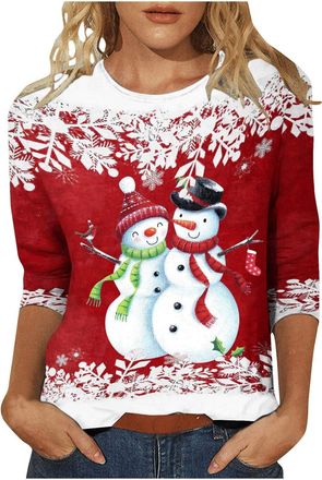 Generic Christmas T Shirts Women Snowman Printed 3/4 Sleeve Tops Novelty Jumper Casual Sweatshirt Ladies Christmas Xmas Tops Crewneck Pullover Party Lightweig
