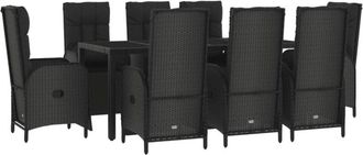vidaXL Set De Comedor De Jard&iacute;n 9 Pzas Y Cojines Rat&aacute;n Sint&eacute;tico Negro Vidaxl