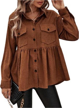 Generic Womens Corduroy Peplum Shirts Jackets Fall Casual Long Sleeve Button Down Ruffle Babydoll Blouse Shacket Top With Pocket Plus Size Coat(Coffee,5XL)