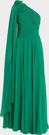 Teri Jon Pleated Cape-Sleeve Chiffon Gown