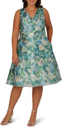 Adrianna Papell Floral Jacquard Midi Cocktail Dress in Blue Multi at Nordstrom, Size 14W