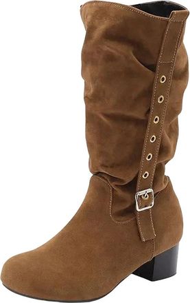 Generic Womens Leisure Mid Calf Boots Round Toe Med Block Heel Platform With Slip On Design Pleated Detail And Buckle