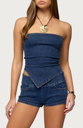 Edikted Zaida Strapless Handkerchief Hem Denim Top in Blue at Nordstrom, Size X-Small