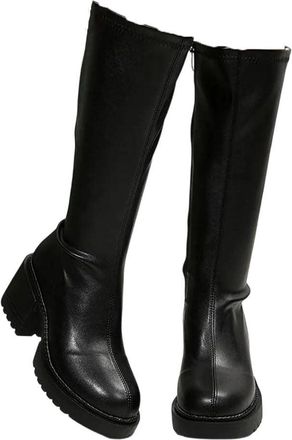 Generic Women Knee High Boots Thick Heel Side Zipper Pu Leather Winter Motorcycle Style Casual Boot