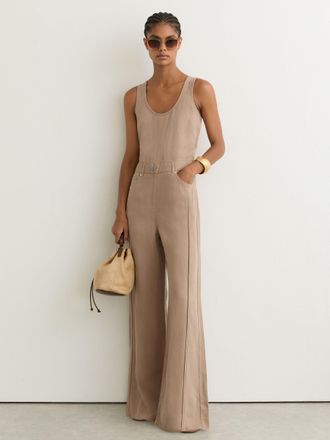 Reiss Taupe Neutral Lyocell-linen Wide-leg Jumpsuit, 14