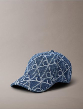 Calvin Klein Womens Denim Allover Emblem Logo Baseball Cap - Blue