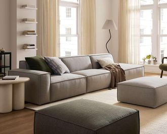 Castlery Jonathan Extended Side Chaise Sofa Right Facing with Ottoman, Dove Grey, Modular, Low-Profile, Castlery