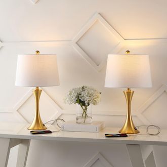Jonathan Y Designs Bennett Modern Glam Iron Hourglass LED Table Lamp with USB Charging Port in Brass Gold at Nordstrom