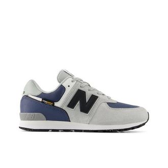New Balance Ni&ntilde;os 574 Lace en Gris/Azul, Cuero, Talla 35.5