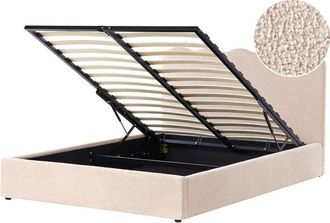 Beliani Cama Con Somier Tapizado De Boucl&eacute; 160 X 200 Cm Con Cabecero Espacio Almacenaje Elevable Beige Nanterre