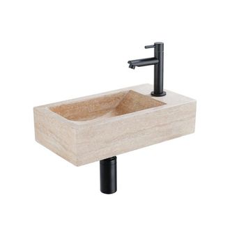 Saniclass Fuente Fonteinset - 40x22x10cm - kraangat rechts - fonteinkraan mat zwart - afvoerplug - verlaagd sifon - gemeleerd natuursteen