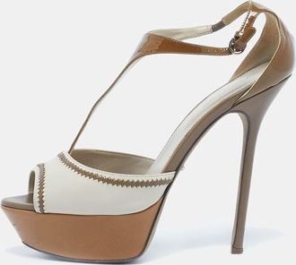 Sergio Rossi Brown/beige Patent And Leather T Strap Platform Sandals