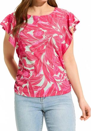 FDJ Flutter Sleeve Side Ruche Top In Pink Floral