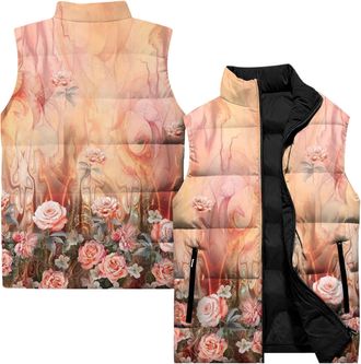 Generic Puffer Gilet for Women Uk, Floral Pattern Print Ladies Body Warmer, Lightweight Sleeveless Jacket No Hood with Zipper Pockets Autumn Winter Clothing 3