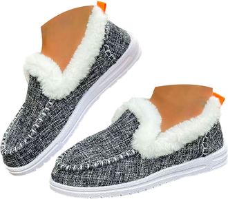 Generic Womens Winter Loafers Slip On Fleeced Lined Shoes Warm Loafers Women Thickened Warmth Shoes Flat Driver Trainers with Non Slip Sole Fuzzy Faux Fur Col