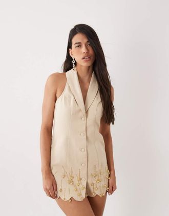 Asos Vestito corto in tessuto effetto lino neutro con decorazioni