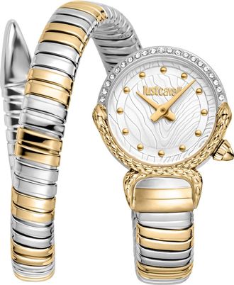 Just Cavalli Womenss Snake Watch, Two Tone Silver & Gold Color Case, Silver Dial, Two Stainless Steel Bracelet