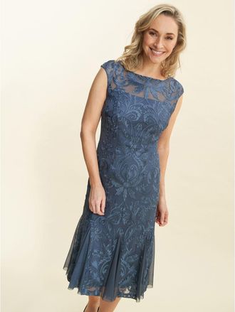 Gina Bacconi Womens Rosia Brocade Fit & Flare Midi Cocktail Dress - Blue - Size 18 UK