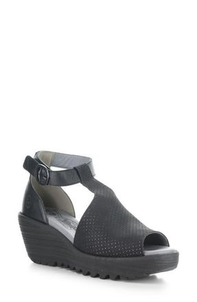FLY London Lemo Ankle Strap Platform Wedge Sandal in Black at Nordstrom, Size 10-10.5Us