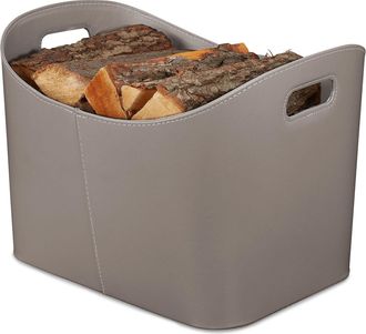 Relaxdays Cesta Para Le&ntilde;a Piel Sint&eacute;tica Xl, Canasto Para Troncos Con Asas, Para Madera De Chimenea, Gris Oscuro - Relaxdays